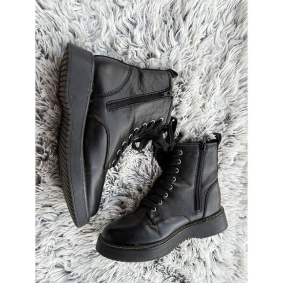 Madden Girl Chunky Black Faux Leather Platform Lace Up Boots - Picture 2 of 6